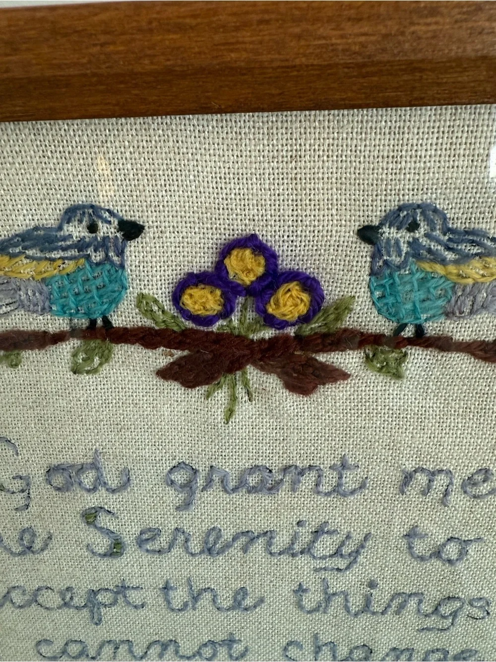 Vintage Embroidered Serenity Prayer Wall Art in Blue and Yellow